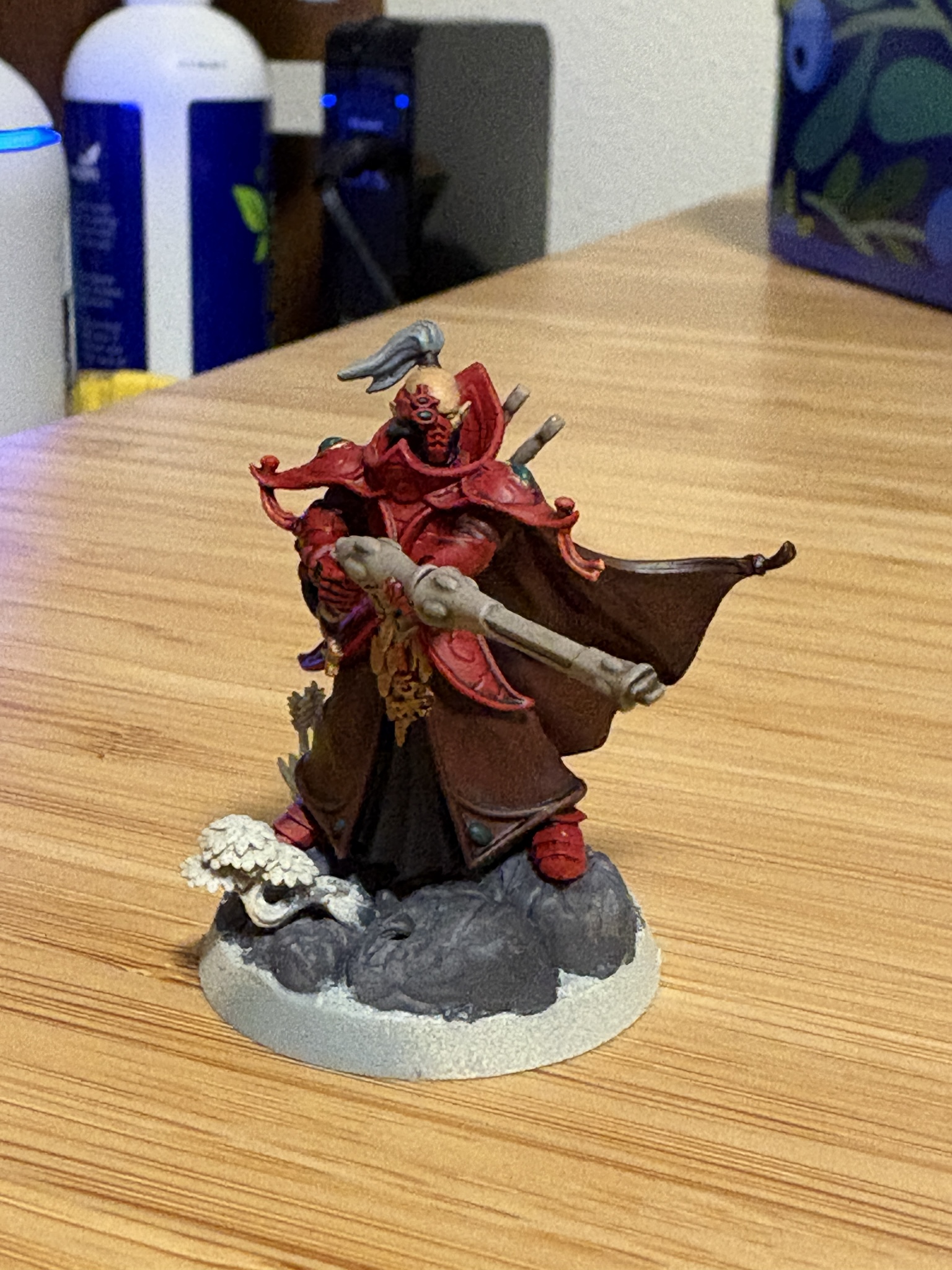 Finished Exodite Death Jester conversion standing on a rocky scenic base.